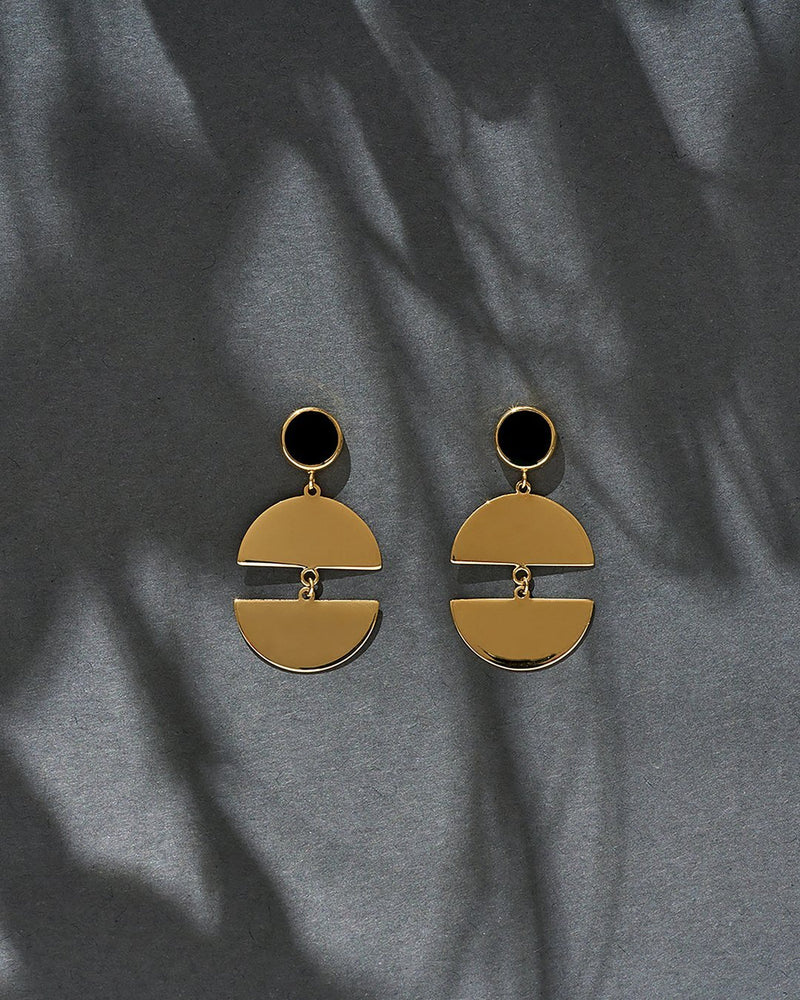 14K Gold Moon Cycle Earrings with Black Enamel 