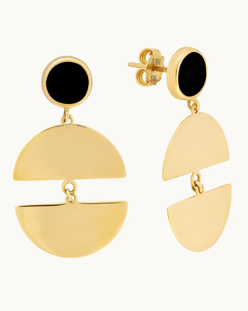 14K Gold Moon Cycle Earrings with Black Enamel 