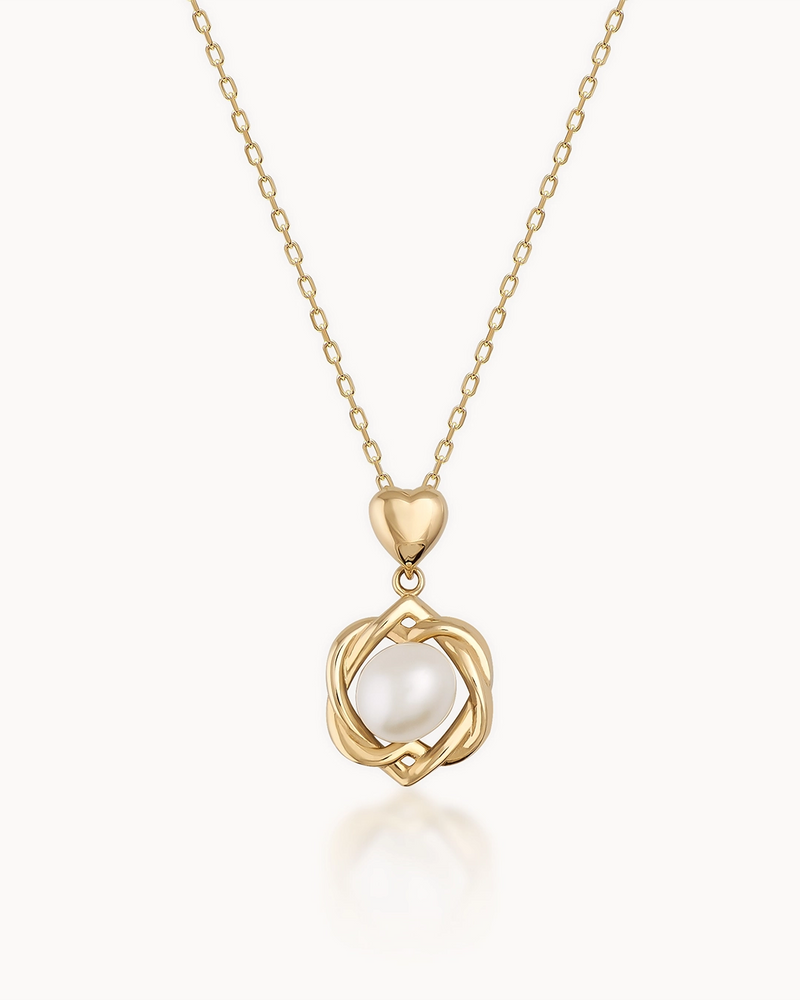 14K Gold Two Heart Natural Pearl Chain Necklace